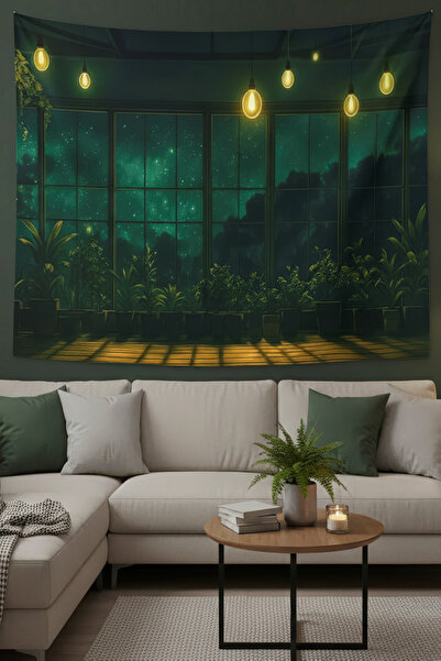 Nivendi Pencereden Sera Manzarası Kumaş Duvar Örtüsü Ev Dekorasyon Duvar Halı...