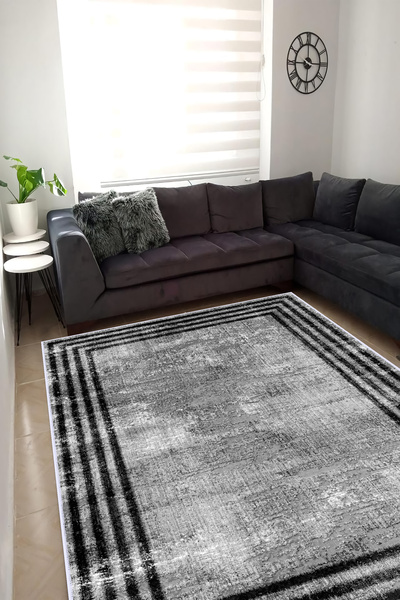 VOPTEKS Siyah Halı Salon Halısı Makinede Yıkanabilir Halı Kaymaz Taban Halı