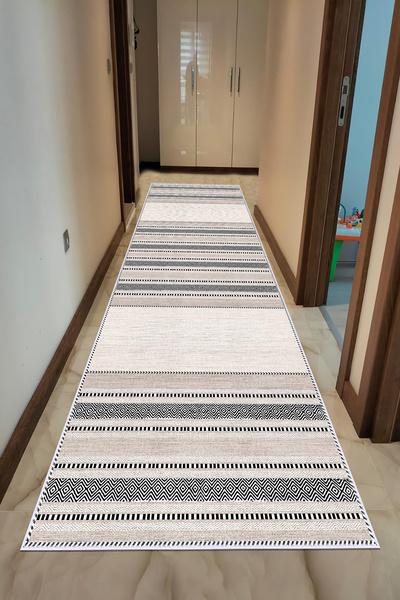 VOPTEKS Bej Vizon Halı Yolluk Makinede Yıkanabilir Halı Kaymaz Taban Halı