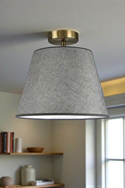 Bamyum Cotella Gri Kumaş Dokulu Tekli Piramit Plafonyer Başlık Retro Salon Ay...