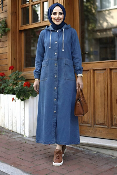 Hb Harma Time Butik Women's Hooded Buttoned Pocket Denim Blue Cap