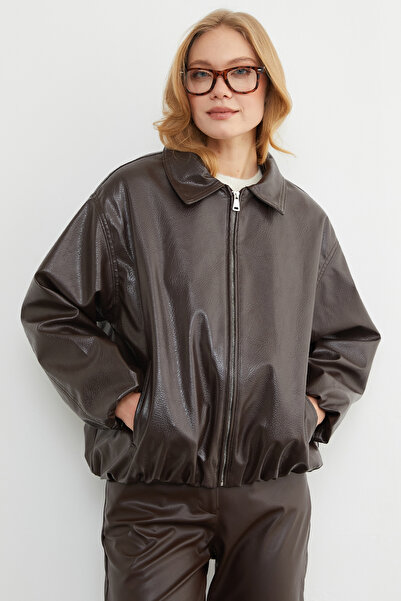 Fulla Moda Polo Neck Bomber Faux Leather Jacket with Zipper Pockets