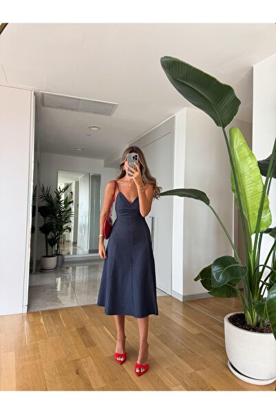 MERVE AKSOY Zr Askılı Midi Denim Elbise