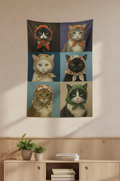 Nivendi Eşarplı Kedi Portreleri Renkli Kumaş Duvar Örtüsü Ev Dekorasyon Duvar...