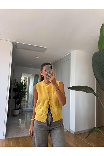 MERVE AKSOY Berry Düğmeli Cepli Hırka - Sarı