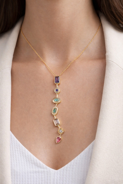 EG JEWELRY Renkli Taş Detaylı Uzun Zincir Kolye