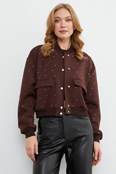 Fulla Moda Taş Detaylı Çıtçıtlı Çift Cepli Crop Ceket