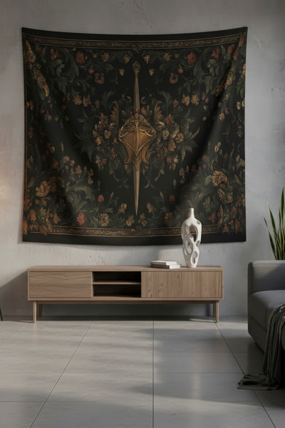 Nivendi Hançer ve Çiçekler Gotik Desenli Kumaş Duvar Örtüsü Ev Dekorasyon Duv...