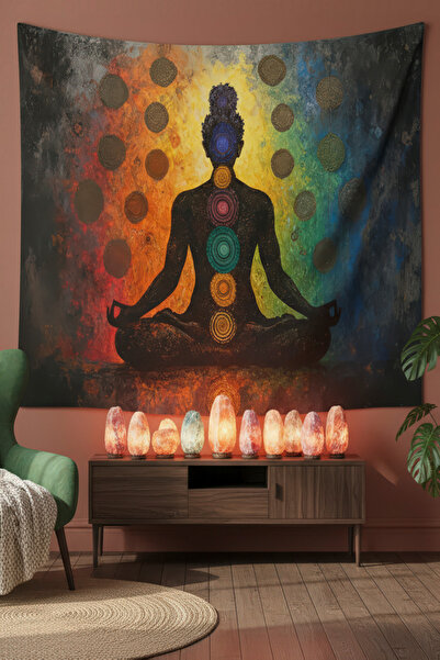 Nivendi Yedi Çakra Sembolü ve Yoga Kumaş Duvar Örtüsü Ev Dekorasyon Duvar Hal...