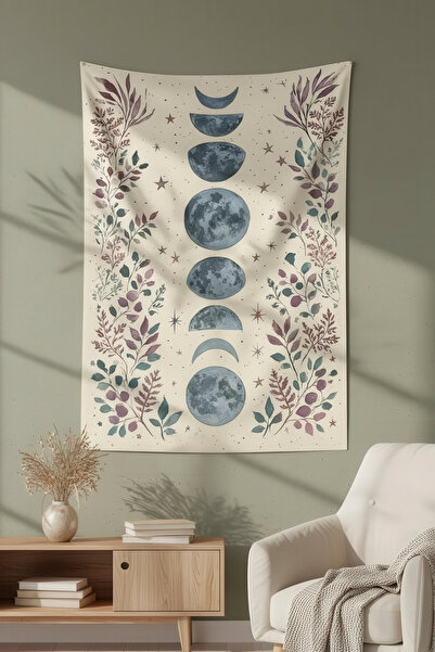 Nivendi Botanik Ay Evreleri Gökyüzü Çizimi Kumaş Duvar Örtüsü Ev Dekorasyon D...