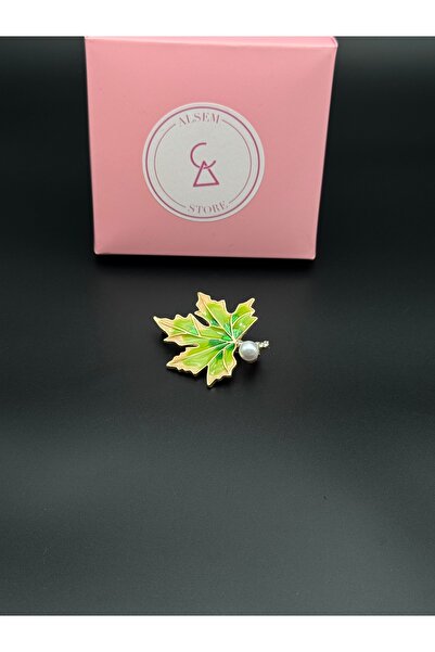 Alsem 14 Ayar Gold Kaplama Yeşil İncili İncir Yaprağı Broş , Kadın Vintage Şı...