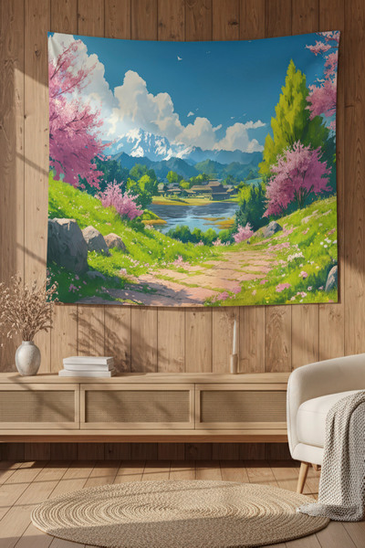 Nivendi Anime Tarzı Pembe Kiraz Çiçekleri Kumaş Duvar Örtüsü Ev Dekorasyon Du...