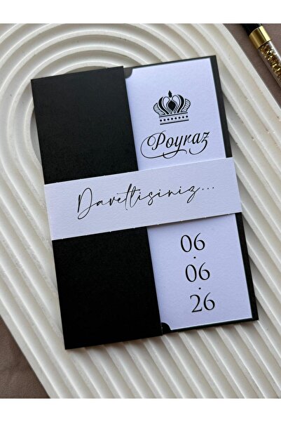 emindijital Siyah Zarflı Kuşaklı Sünnet Davetiyesi 50 Adet