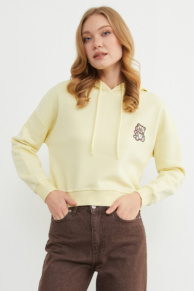 Fulla Moda 3 Yarn Teddy Bear Embroidered Hooded Sweatshirt