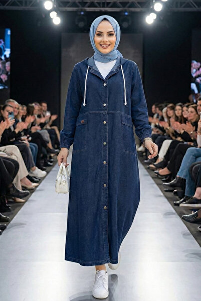 Hb Harma Time Butik Kadın Kapüşonlu Düğmeli Cepli Koyu Kot Mavi Kap