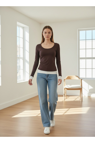 Sagre&Sisters Long Sleeve Crew Neck Slim Fit Two-Tone Blouse with Pleated Detail