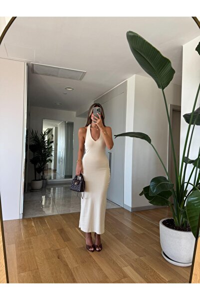 MERVE AKSOY Halter Yaka Midi Elbise - Taş