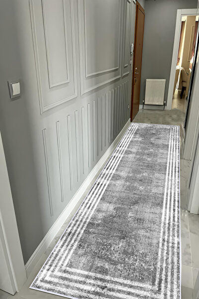 VOPTEKS Gri Halı Yolluk Makinede Yıkanabilir Halı Kaymaz Taban Halı