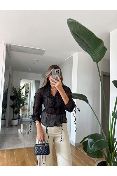 MERVE AKSOY Buruşuk İp Detaylı Tül Bluz - Siyah