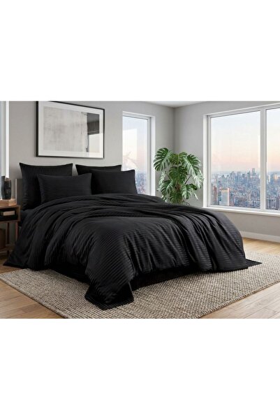 oabhome Set de 4 piese pentru pat dublu, negru, din bumbac satinat, cu dungi