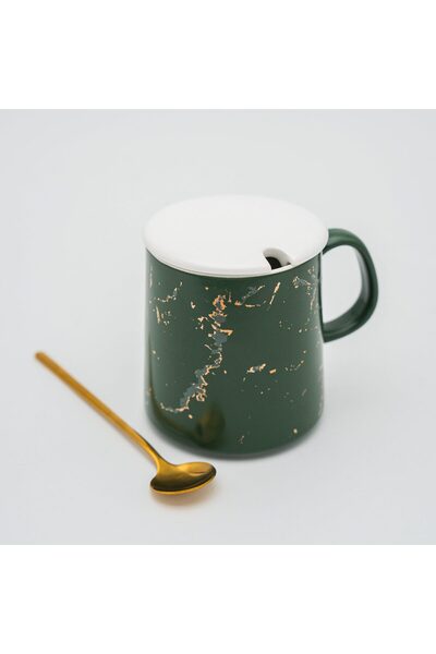 Moon House Green Marble Mug Set with Spoon and Lid – 350 ml