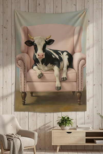 Nivendi Koltukta Oturan İnek Kumaş Duvar Örtüsü Ev Dekorasyon Duvar Halısı Ta...