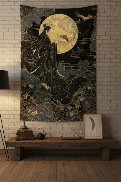 Nivendi Ay Tanrıçası ve Dolunay Kumaş Duvar Örtüsü Ev Dekorasyon Duvar Halısı...