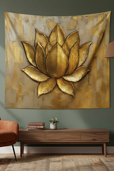 Nivendi Altın Lotus Çiçeği Kumaş Duvar Örtüsü Ev Dekorasyon Duvar Halısı Tape...