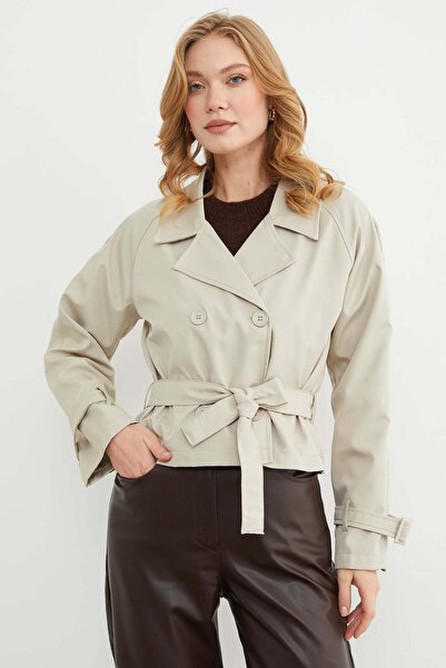 Fulla Moda Double-Breasted Collar Trench Coat with Belt and Shoulder Detail