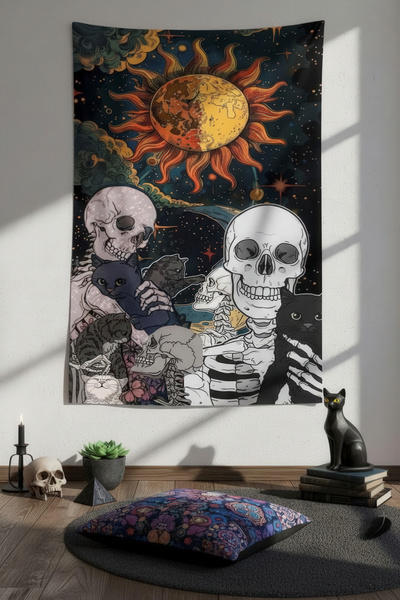 Nivendi Siyah Kedileri Seven İskeletler Çizimi Kumaş Duvar Örtüsü Ev Dekorasy...