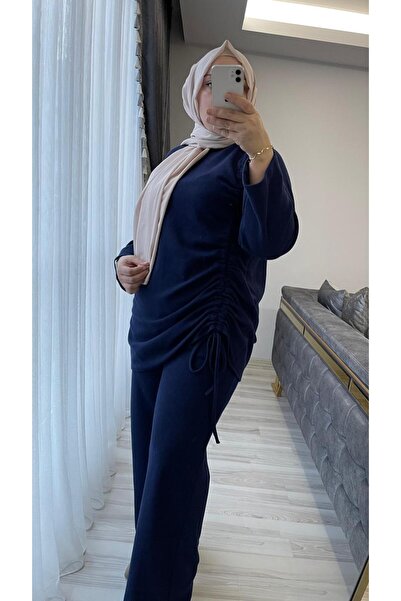 Sara Deluxe Soft Textured Side Ruched Detail Comfortable Fit Navy Blue Suit