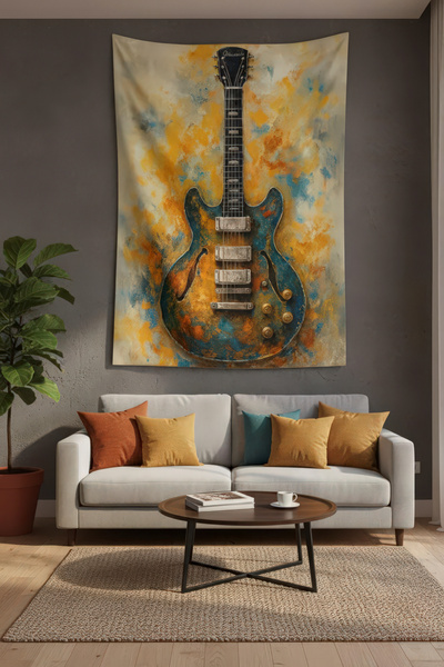 Nivendi Müzik Temalı Elektro Gitar Kumaş Duvar Örtüsü Ev Dekorasyon Duvar Hal...