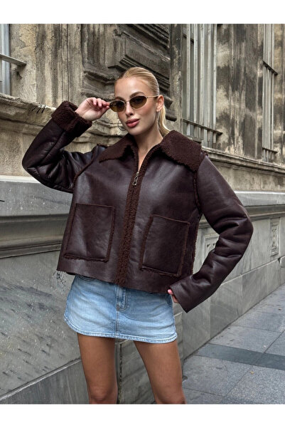 Cool & Sexy Brown Double Pocket Biker Coat with Faux Fur Inside