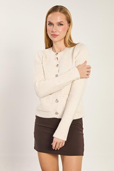 BARRELS AND OIL Women's double pocketed glitter knit cardigan - ecru