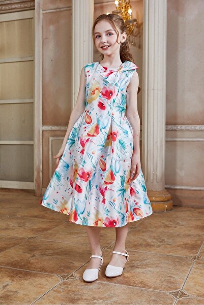 Alesaei-mondo tondo فستان بناتي مورد وفيونكه على الكتف 7264