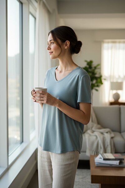 RANDOM تي شيرت نسائي محبوك بأكمام قصيرة ورقبة على شكل حرف V