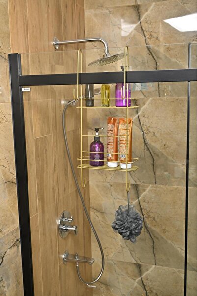 Edora Home Shower Cabin Top Hanging Shampoo Holder with 2 Shelves Metal Shower Organizer Gold