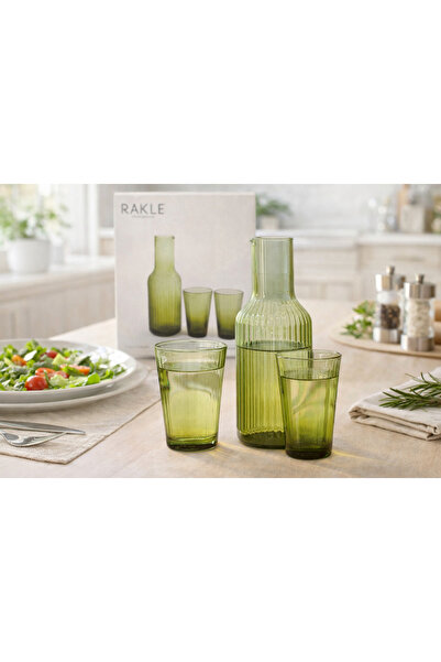 SIGMA GLASS Rakle Gravürlü Yeşil Cam Sürahi & 2’li Su Bardağı Seti – 3 Parça ...
