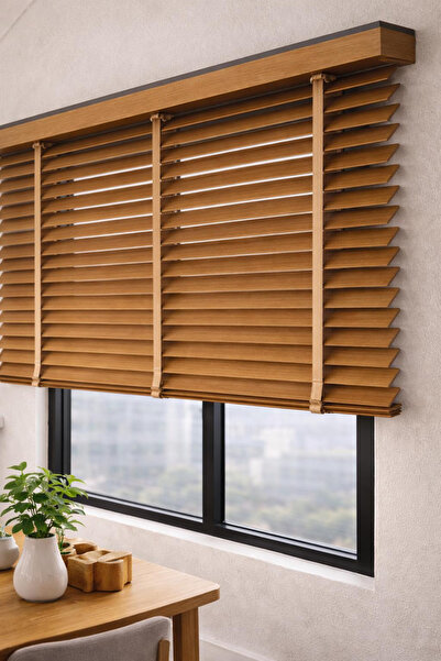 EYMENS HOME Nj-2404 Meşe Renk %100 Gerçek Ahşap Jaluzi Perde 50 mm Zincirli R...