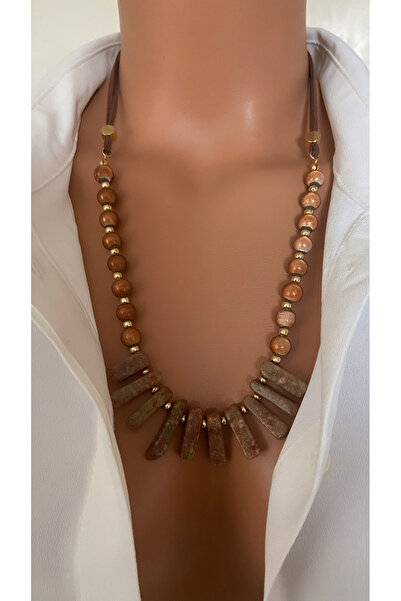 TARZ-I TAKI Natural Stone Coffee Stics Leather Rope Detail Design Necklace