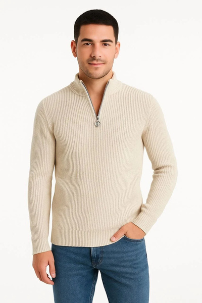 IVORA WEAR Men's Half-Zip Knit Sweater – Thessaloniki Knit, Stand Collar, Cot...