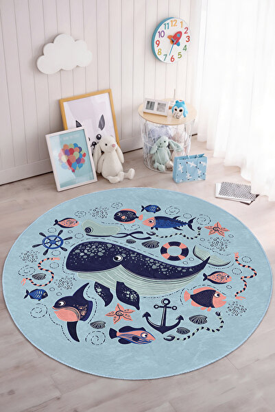 Realhomes Mavi Balina ve Balık Temalı Yıkanabilir Yuvarlak Çocuk Odası Halısı