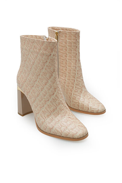 Women Lay-z Women's Beige Crocodile Patent Leather Square Toe 9.5 cm Heeled Stylish and Elegant Accessory Boots with Gold Heel Detail