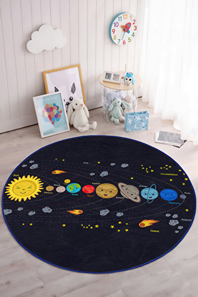 Realhomes Canlı Renklerde Güneş ve Gezegenler Desenli Yıkanabilir Yuvarlak Ço...