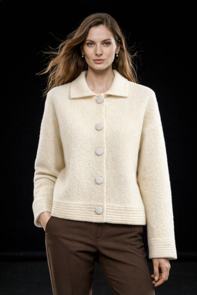 studio fashion 1988 Women's Cream Polo Neck Soft Textured Buttoned Knitwear C...