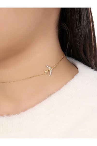 LİNOVE JEWELLERY 925 Ayar Gümüş Uçak Kolye, Gümüş Gold Kaplamalı Kolye, Havac...