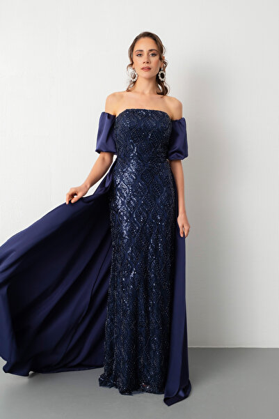 Lafaba Kadın Lacivert Straplez Balon Kol Taşlı Uzun Abiye Elbise