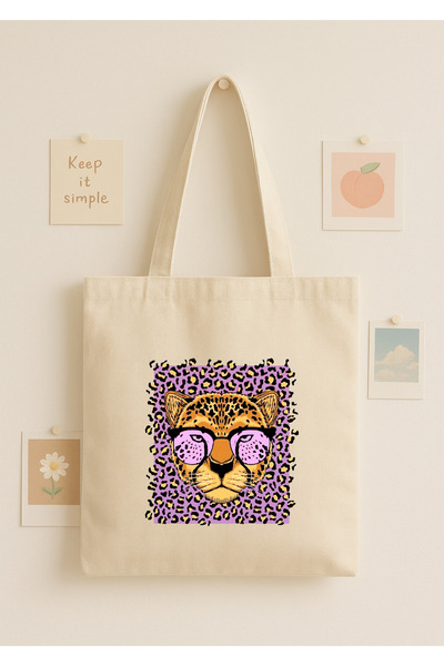 Maki Craft Printed Cloth Bag with Leopard Glasses – Modern Tote Bag with Purp...