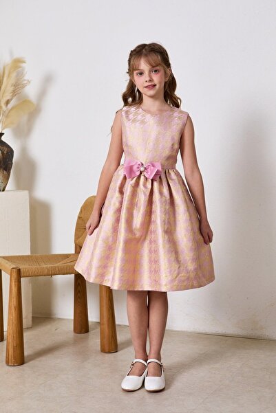 Alesaei-mondo tondo فستان وردي بفيونكة بالخصر 7234