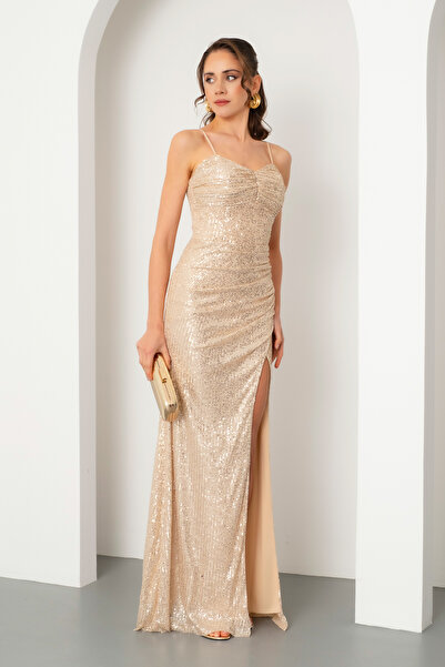 Lafaba Women's Beige Slit Sequin Long Evening Dress